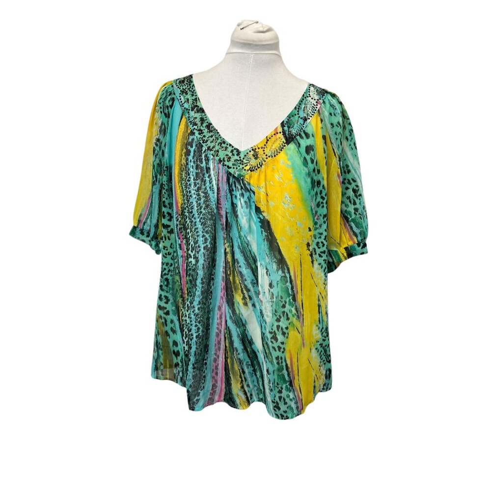 Mushka by Sienna Rose Short Sleeve V Neck Semi Sheer Colorful Sequin Tunic, 1X